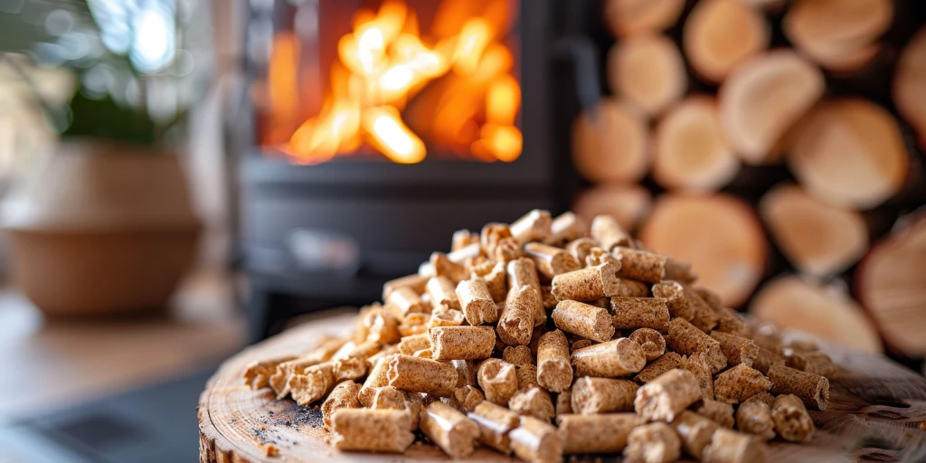Haufen Holzpellets auf einer Holzscheibe, dahinter ein brennender Ofen und gestapeltes Scheitholz