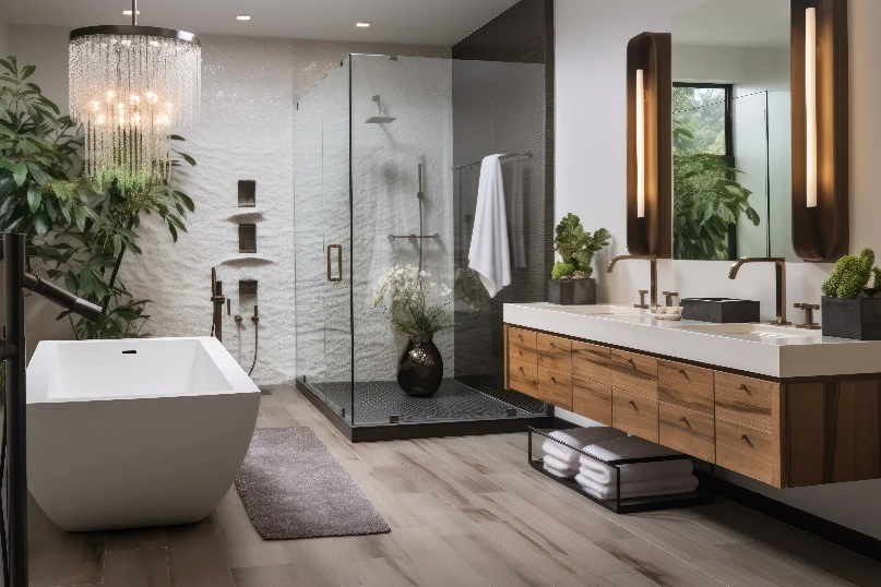 Modernes Badezimmer mit freistehender Badewanne, bodengleicher Dusche und Doppelwaschtisch aus Holz