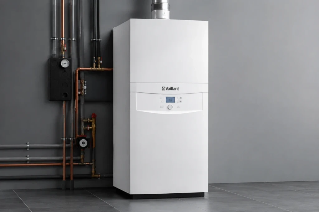 Wandhängende Gastherme mit Kupferleitungen und Armaturen im Heizungsraum
