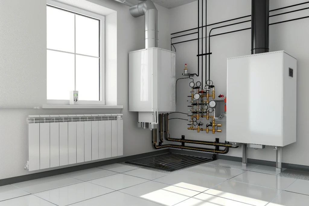 Wandhängende Gastherme mit sichtbaren Anschlussleitungen neben einem Heizkörper