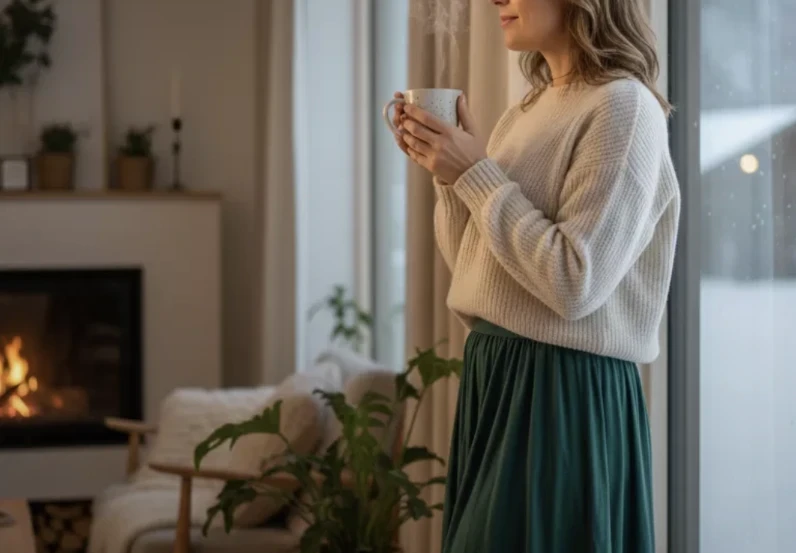 Frau mit einer Tasse am Fenster, im Hintergrund ein brennender Kamin