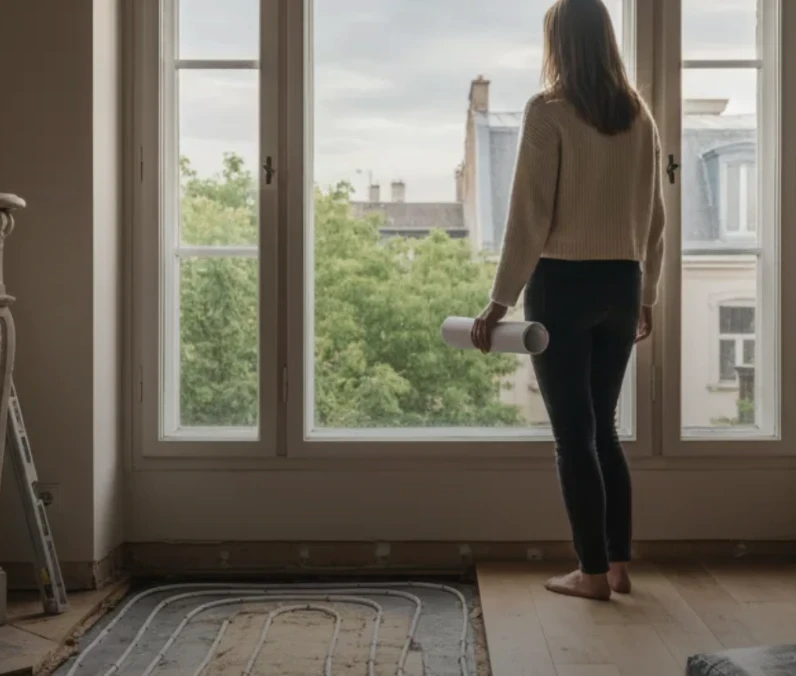 Frau mit einem Bauplan in einem Altbauzimmer, im Boden liegen die Rohre einer Fußbodenheizung