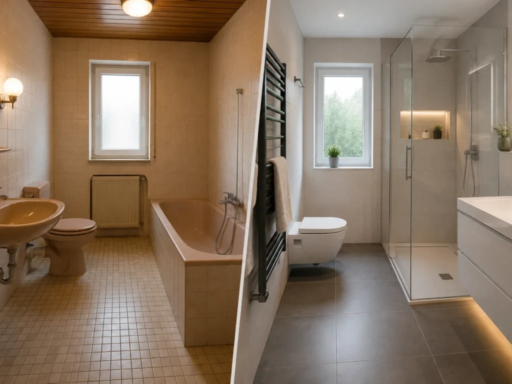 Dasselbe Badezimmer vor und nach der Sanierung nebeneinander: links die alte Ausstattung, rechts die neue bodengleiche Dusche