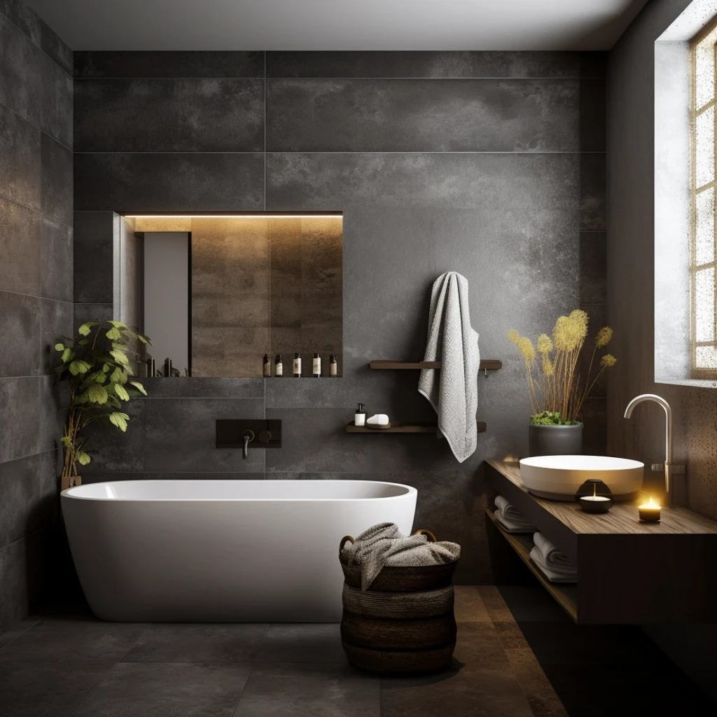 Neu gebautes Badezimmer mit freistehender Badewanne, Waschtisch und dunklen Großformatfliesen